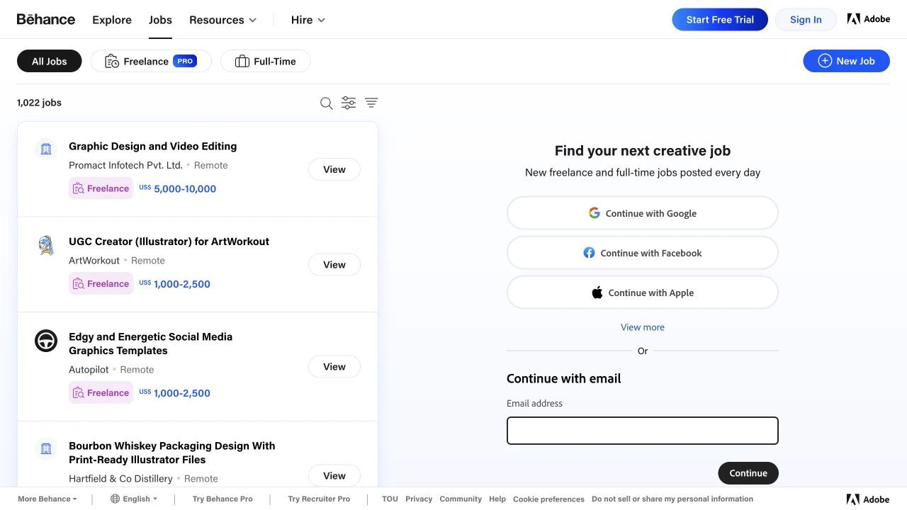 Раздел вакансий для дизайнеров на Behance рядом с портфолио
