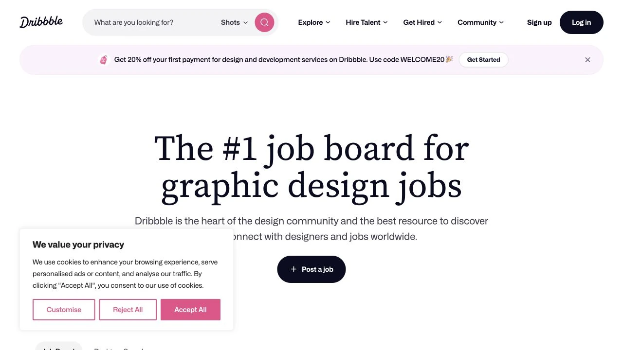 Вакансии графического дизайна на Dribbble рядом с превью работ