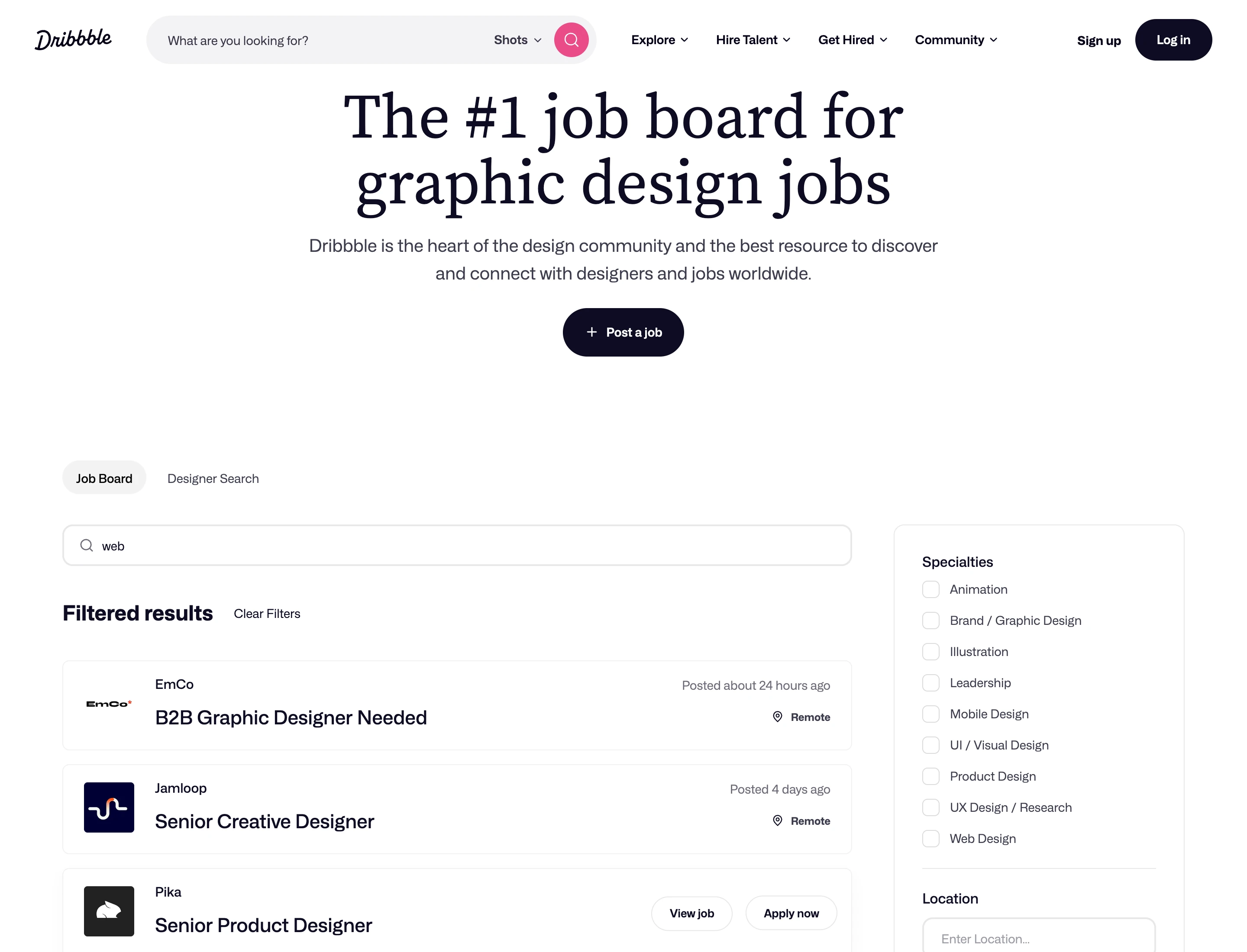 Вакансии web и UI на Dribbble