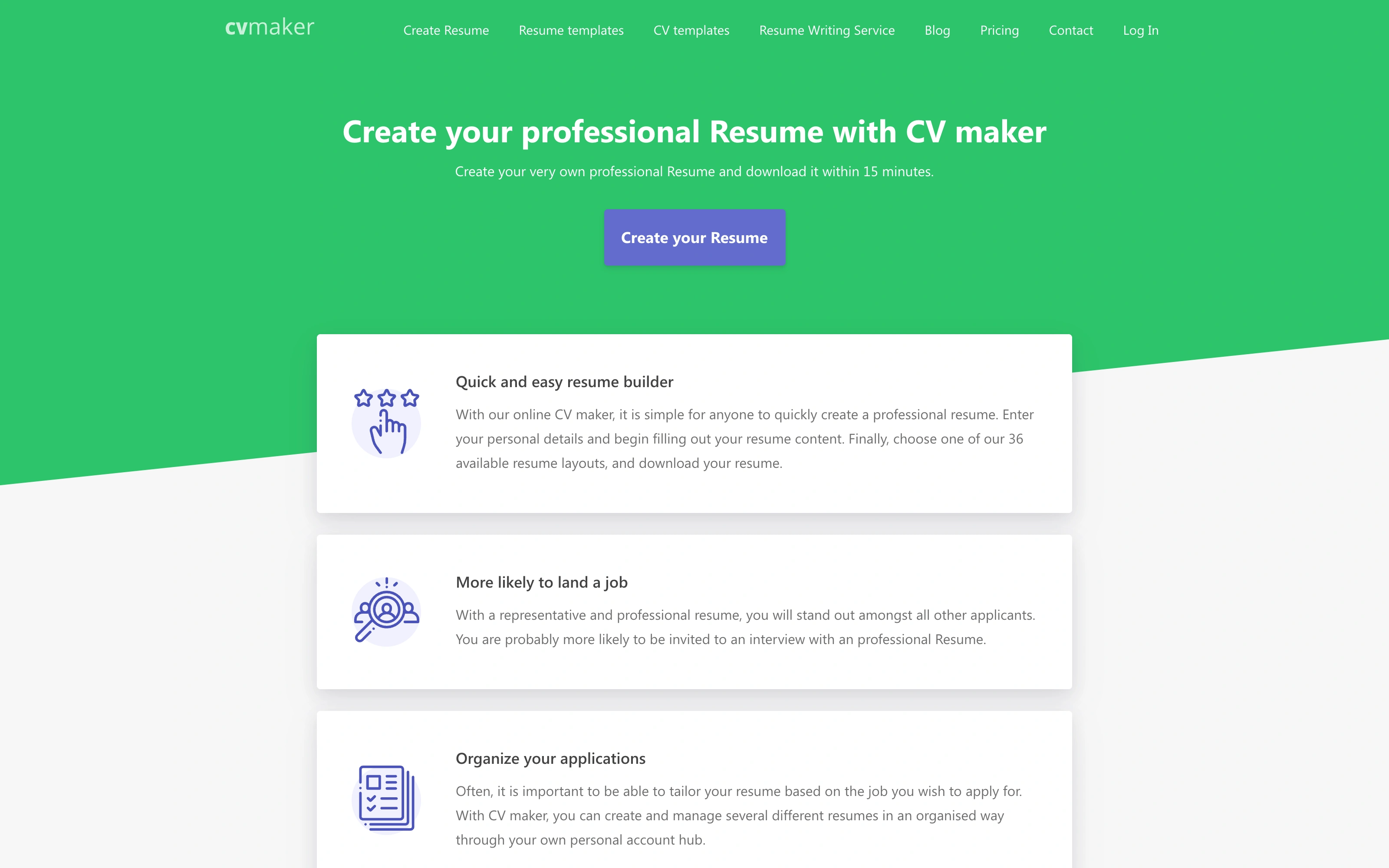 Главная CVmaker.com с обещанием собрать резюме за 15 минут
