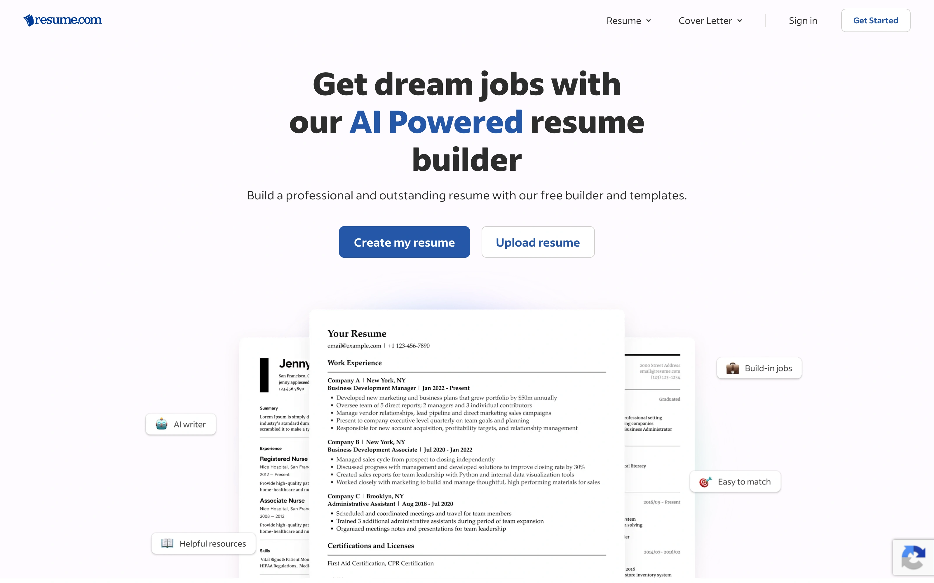 Главная бесплатного конструктора Resume.com